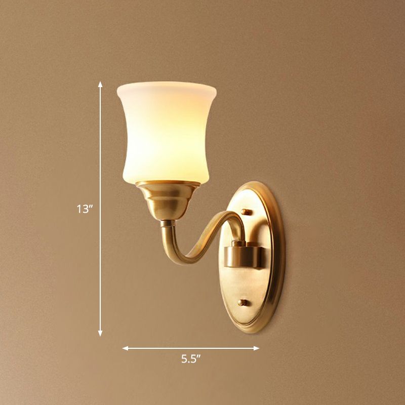 Single-Bulb Sconce Light Antique Stairs Wall Lamp Fixture with Curved Cream Glass Shade in Brass