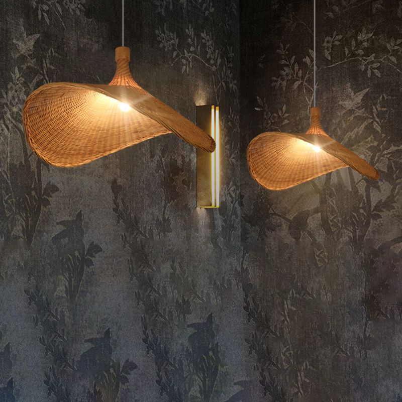 Hat geformte Bambusdecke Leuchte asiatischer Stil 1 Glühbirnenholz hängend Licht für das Restaurant