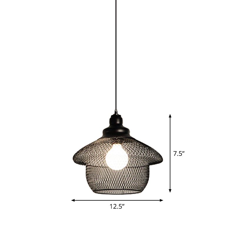 1-Light Dome/Bell/Oval Mesh Drop Pendant Loft Style Black Iron Ceiling Suspension Lamp for Dining Room