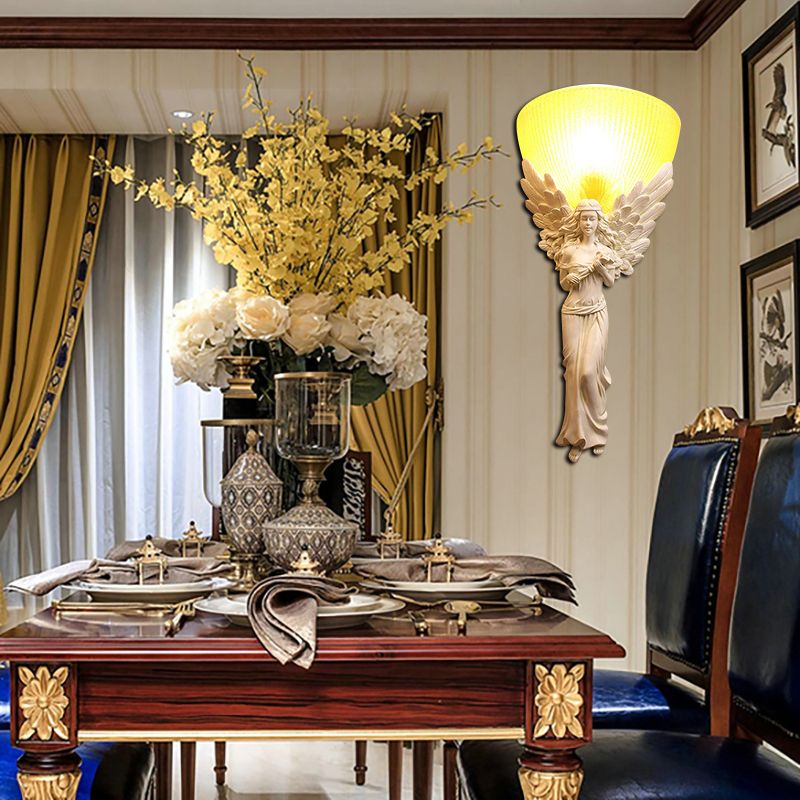 Gold/Silver/White Angel Sconce Lighting Country Style Resin 1 Bulb Foyer Wall Mount Light with Yellow Glass Bowl Shade