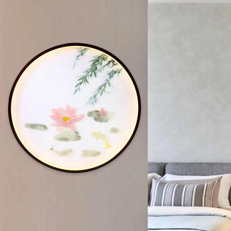 Pink Lotus Mural Wall Lighting Ideas Asian Acrylic Integrated LED Flush Mount Wall Sconce