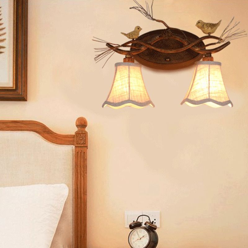 Rust Scalloped Wall Lighting Traditional Metal 2/3 Lights Bedroom Sconce Lamp with White Fabric Shade