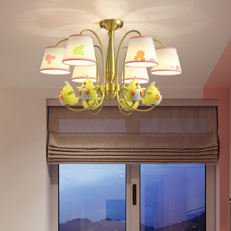 Patterned Fabric Tapered Chandelier Lighting Cartoon Gold Pendant Light with Resin Animal