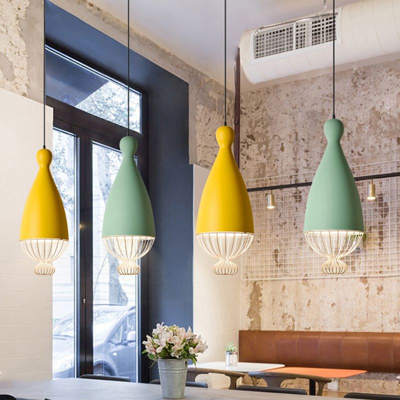 Luce a sospensione in alluminio a palloncino invertito Macaron 1 testa di sospensione grigia/rosa/blu con gabbia
