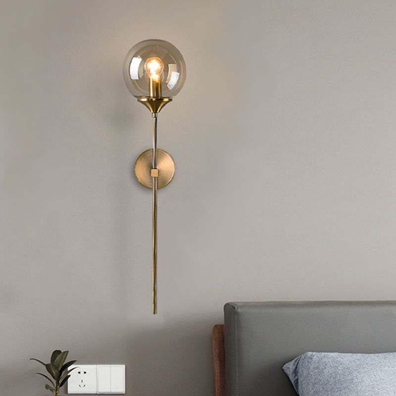 Simple Single Bulb Wall Mounted Lamp with Amber/Smoke Gray Glass Brass Sphere Sconce Light Fixture