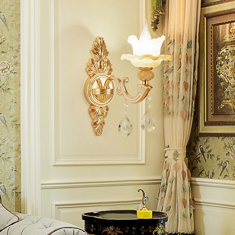 Frosted Glass Lotus -vormige wandbevestiging Licht Vintage woonkamer SCONCE LICHTING IN GOUD