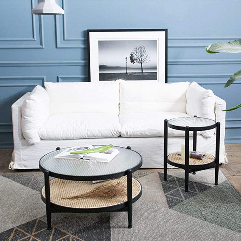 Modern Wood 4 Legs 1 Coffee Table with Shelf Round Glass Table