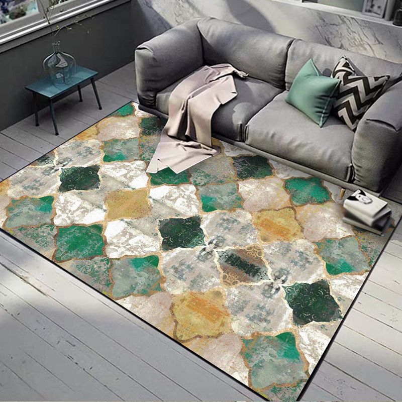 Green Parlor Rug Moroccan Albany Geometric Ogee Pattern Rug Polyester Machine Washable Non-Slip Carpet