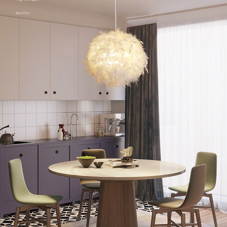 Feather Shaded Suspension Pendant Minimalist 1 Head White Hanging Lamp for Dining Room