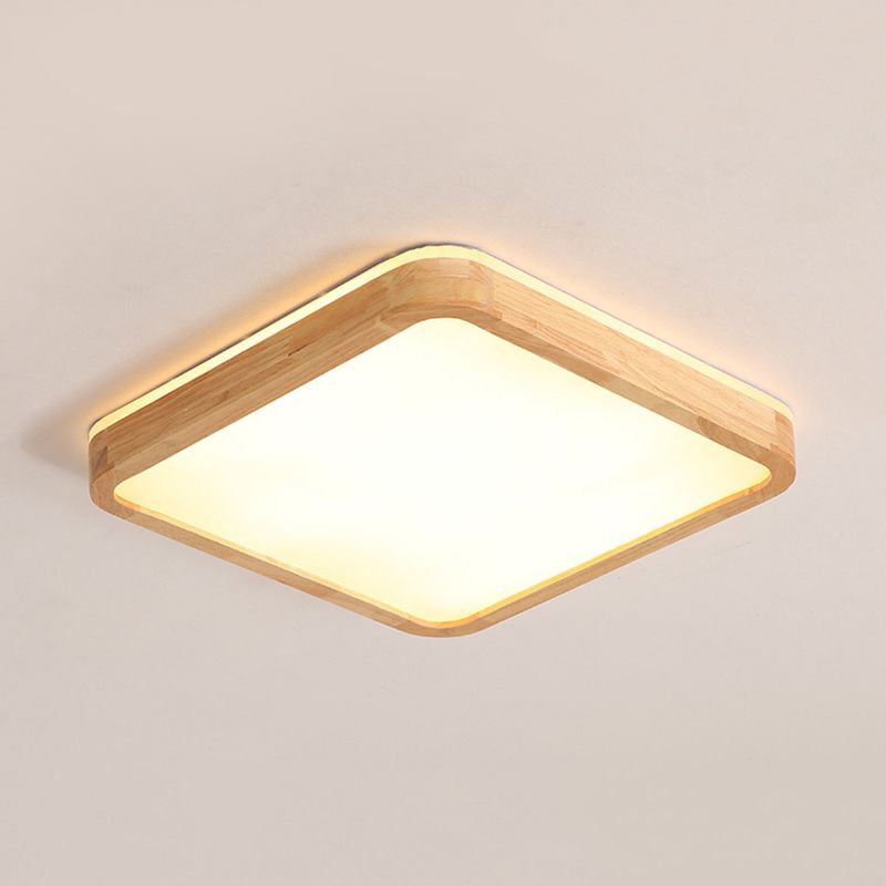 Round Corner Wood Flush Light Fixture Nordic Beige LED Surface Mount Ceiling Lamp with Acrylic Diffuser, 16/19.5 Inch Wide