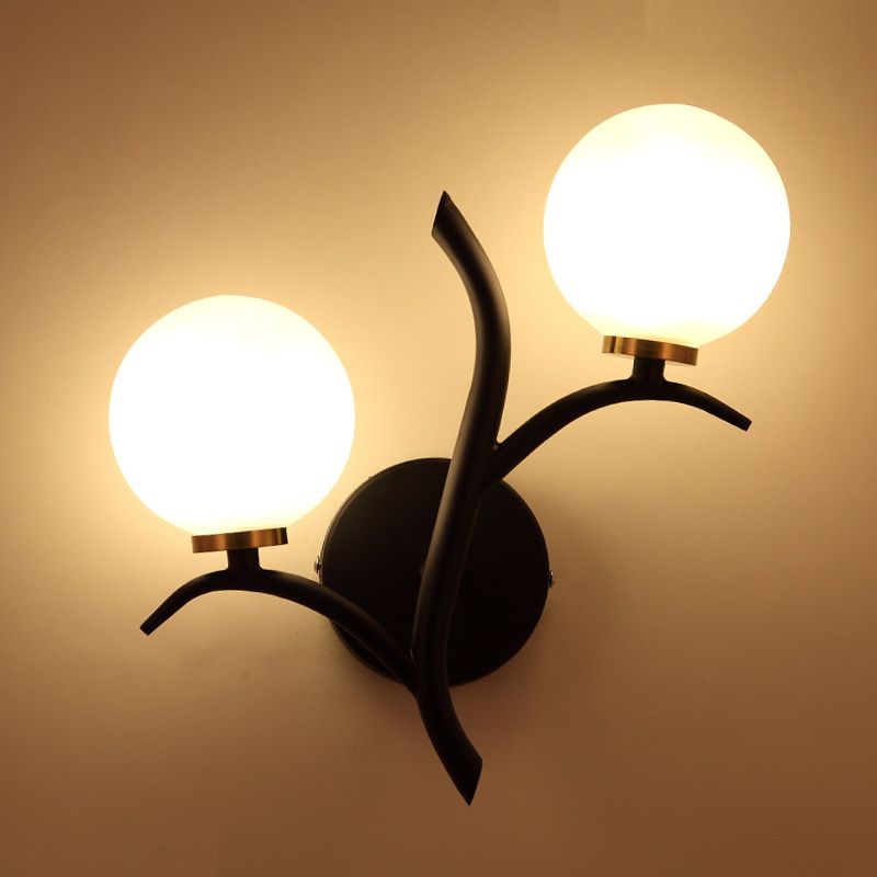 2 Bulbs White Glass Wall Sconce Modern Gold/Black Globe Dining Room Sconce Light with Branch-Shaped Arm