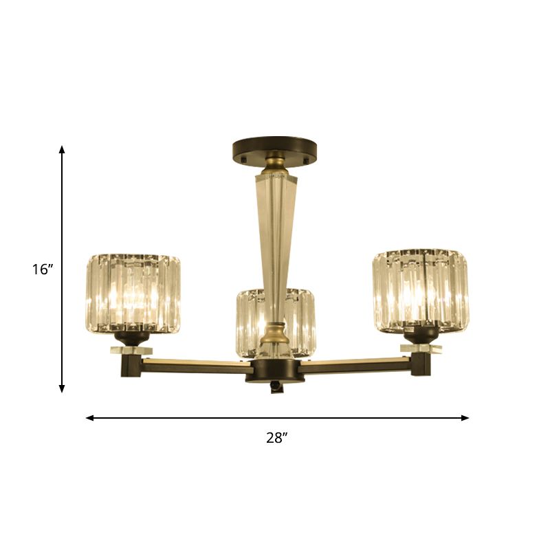 Iluminación de semi de montaje de cilindro moderno 3 Bombullas Bloque de cristal transparente Flexión de luz en negro