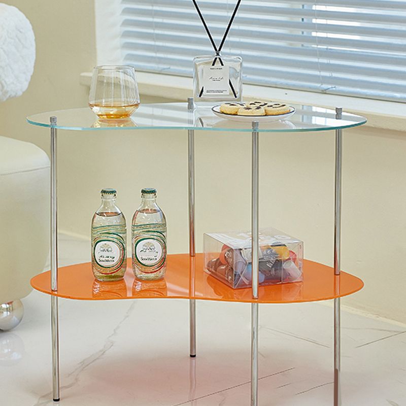 Modern Glass Top 4 Legs Double Tier Naturally Shaped Accent Side Table