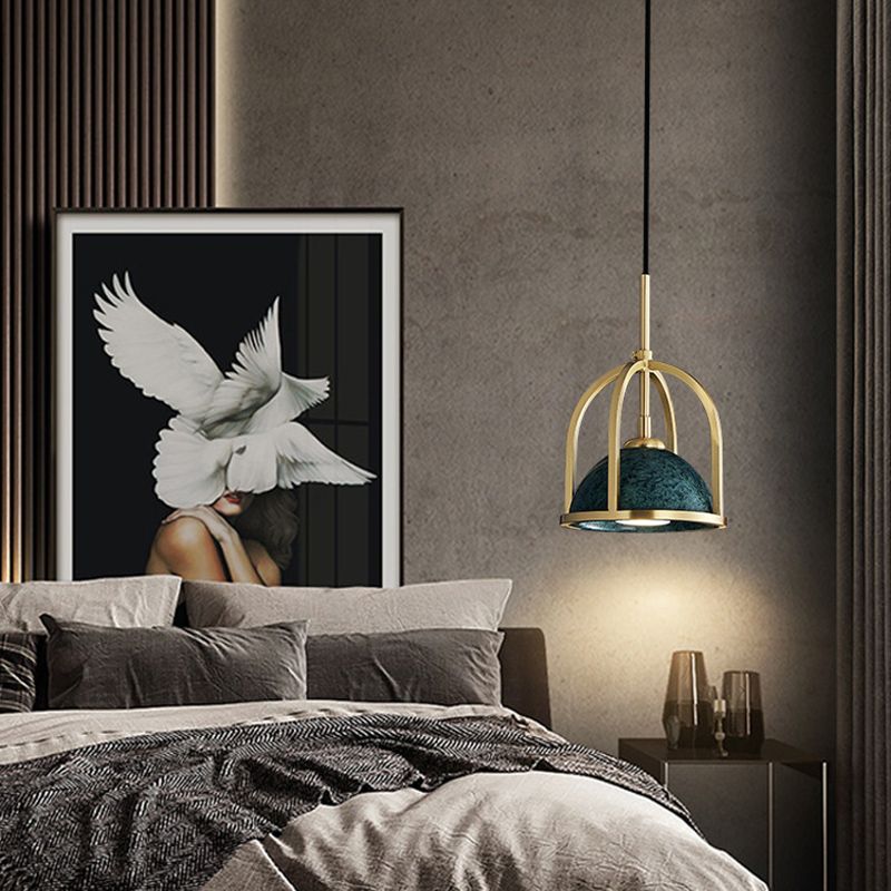 Blackish Green Shade Pendant Light Retro Nordic 1-Light Marble Hanging Light with Gold Cage