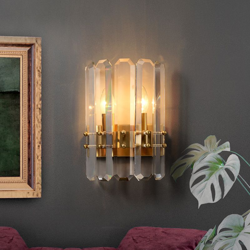 Half-Cylinder Wall Mount Lamp Modern Rectangle-Cut Crystal 2 Lights Hallway Flush Wall Sconce in Gold