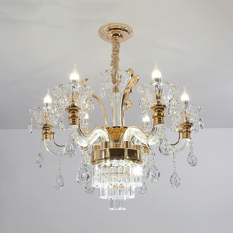 Clear Glass Candelabra Chandelier Traditional 6-Light Dining Room Ceiling Suspension Lamp in Gold with Cystal Accent