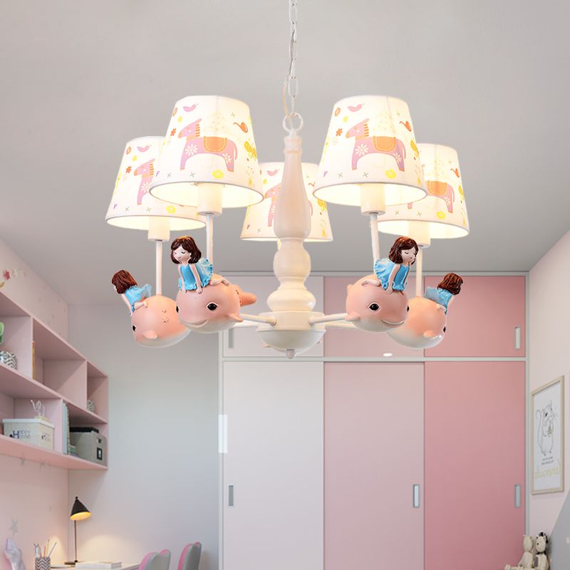 Barrel Hanging Chandelier Cartoon Fabric 5-Head White Finish Radial Pendant Light Kit with Carousel/Fish and Girl Deco