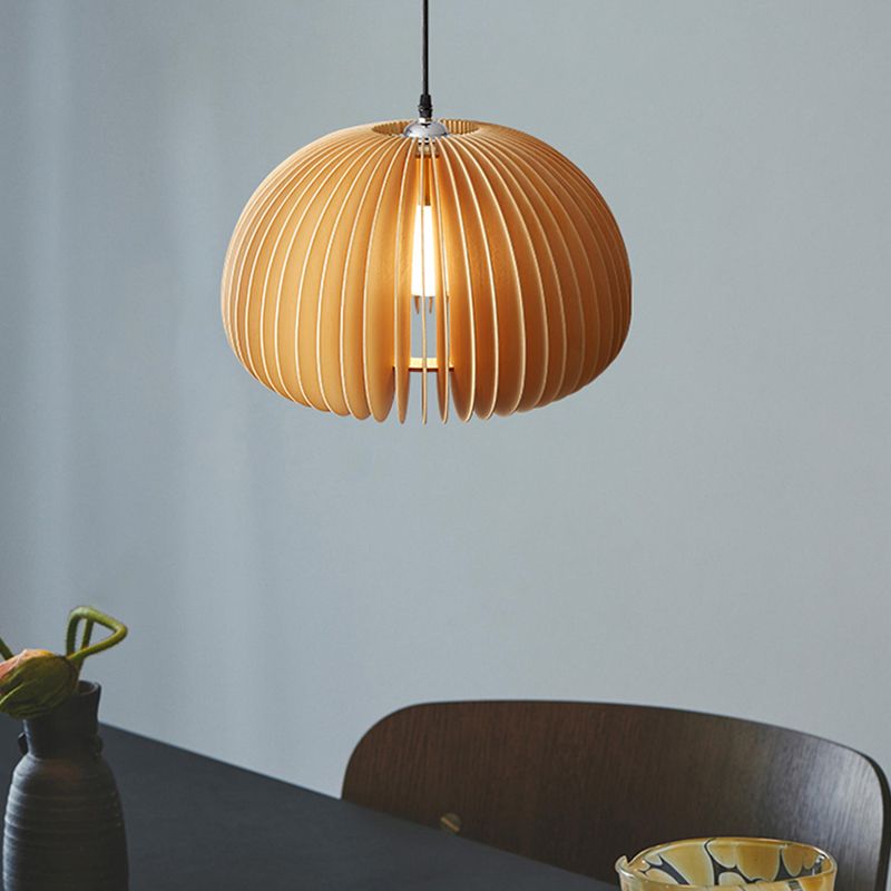 Japanese Style Pumpkin Hanging Light Wood Single-bulb Pendant for Dinning Room