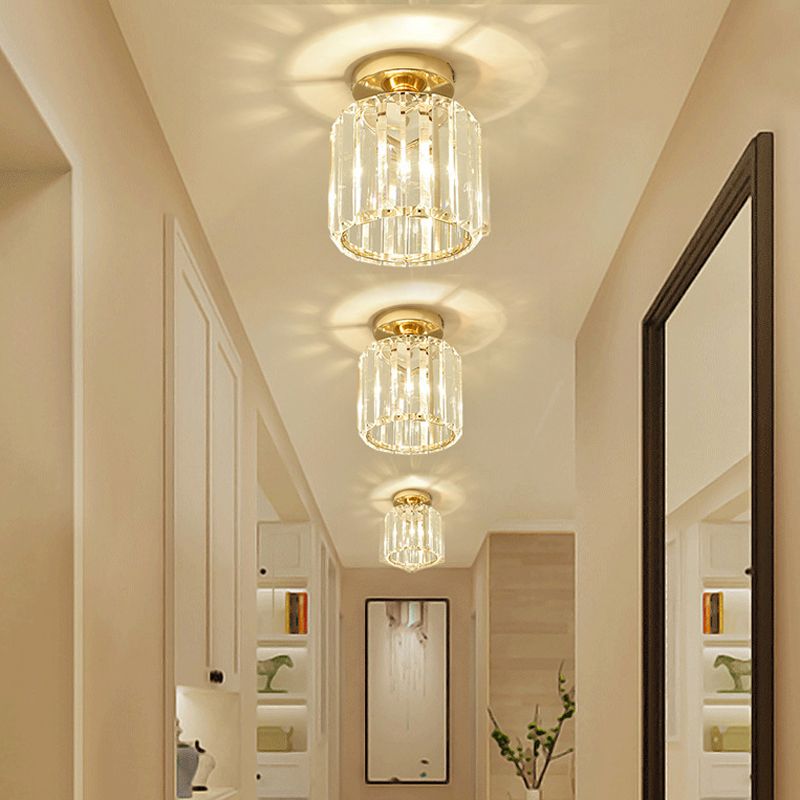 1-Light Crystal Flush Cylinder Shade in Gold and Clear Ceiling Flush