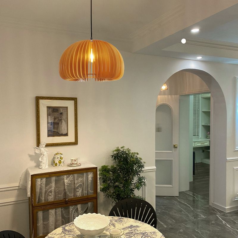 Japanese Style Pumpkin Hanging Light Wood Single-bulb Pendant for Dinning Room