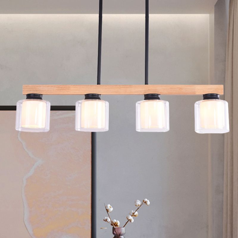 Double Glass Cylinder Shade Island Lighting Restaurant 3/4-Head Nordic Wooden Linear Pendant in White