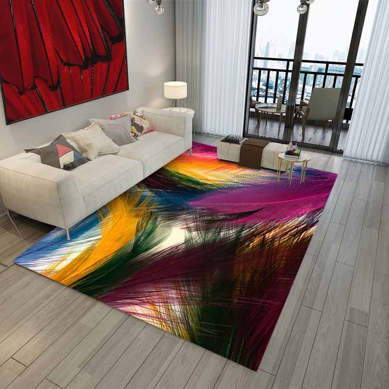 Colorful Modern Area Carpet Feather Print Polyester Area Rug Anti-Slip Backing Rug for Home Decor