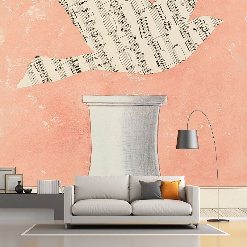 Full Size Sparrow Wall Mural Decal Surreal Enigmatic Musical Note Wall Art in Pink-Blue