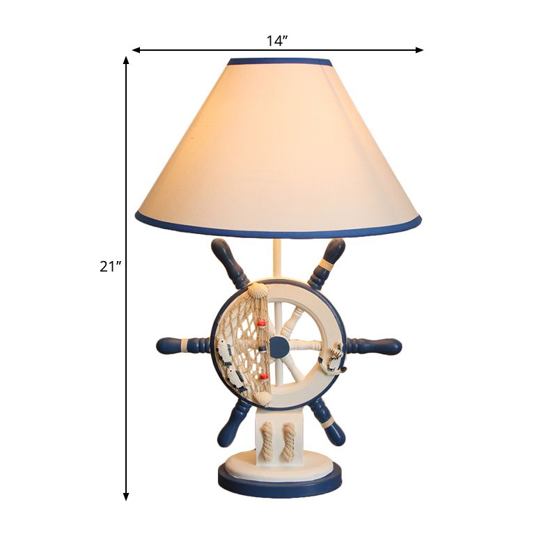 LifeBuoy / Rudder Wooden Table Light Kids Light Blue Blue Nightstand Lampe avec une teinte en tissu conique