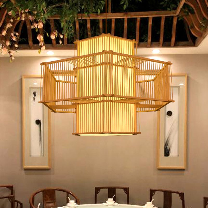 Bamboo Asia Pendant Light 1-Light Beige Hanging Ceiling Light for Tea Room