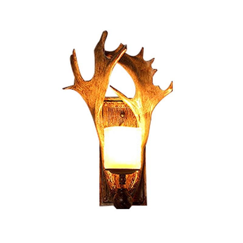 Traditional Cup Wall Mount Light Single Beige Glass Wall Light Fixture with Antler Decor in Brown