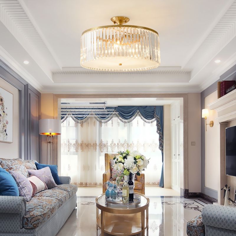 4/5/6 Bulbs Drum Semi Flush Ceiling Light Modern Clear Crystal Ceiling Lamp in Gold for Living Room