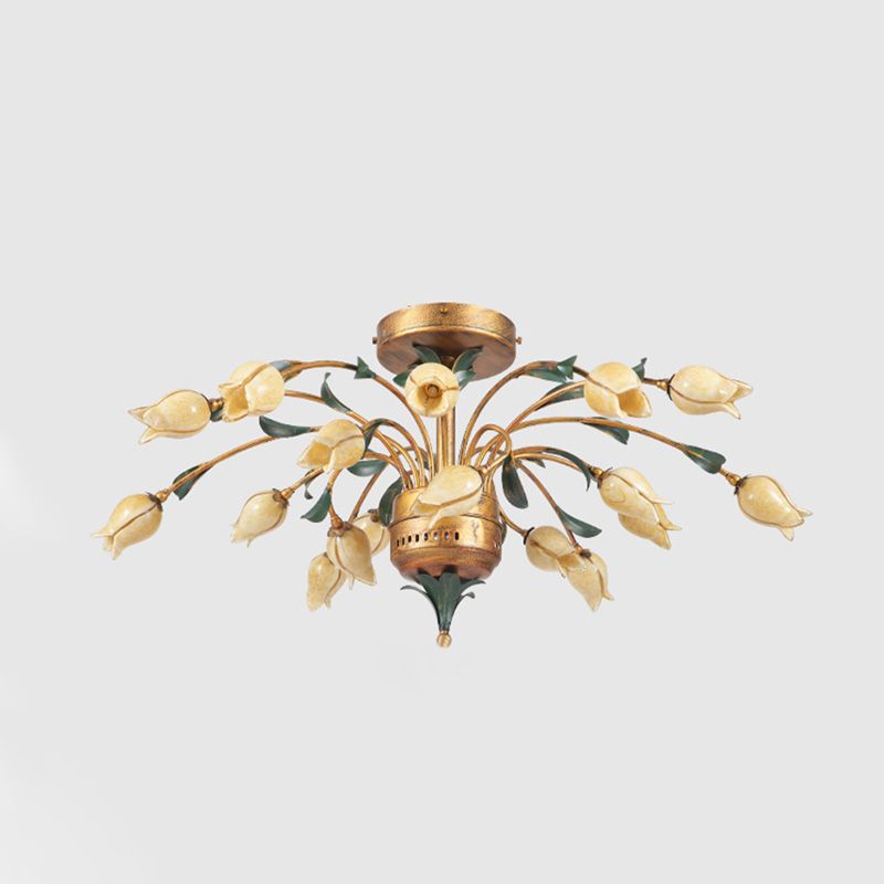 Tulip Living Room Ceiling Lamp Pastoral Style Metal 18 Bulbs Brass LED Semi Flush Mount Lighting