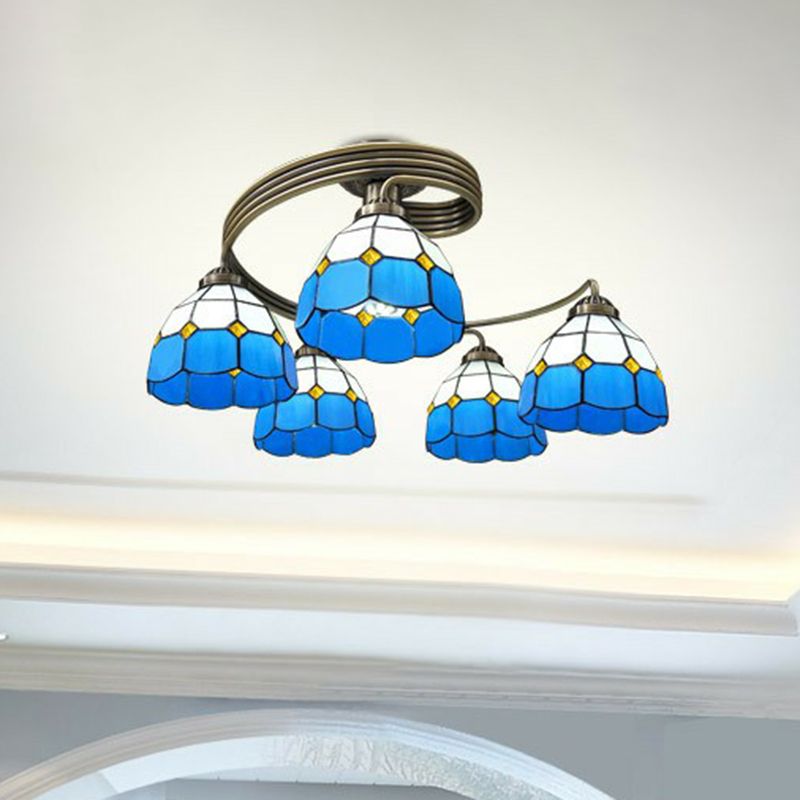 Mediterranean Spiral Ceiling Light Metal Semi Flush Mount Light with Stained Glass Shade