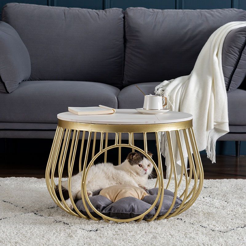 Glam Slate/Glass Top Coffee Table Dia 21.7" Frame Cocktail Table with Storage
