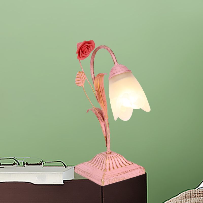 Pastoral Floral Nightstand Light 1-Bulb Metal Night Table Lighting in Blue/Pink for Study Room