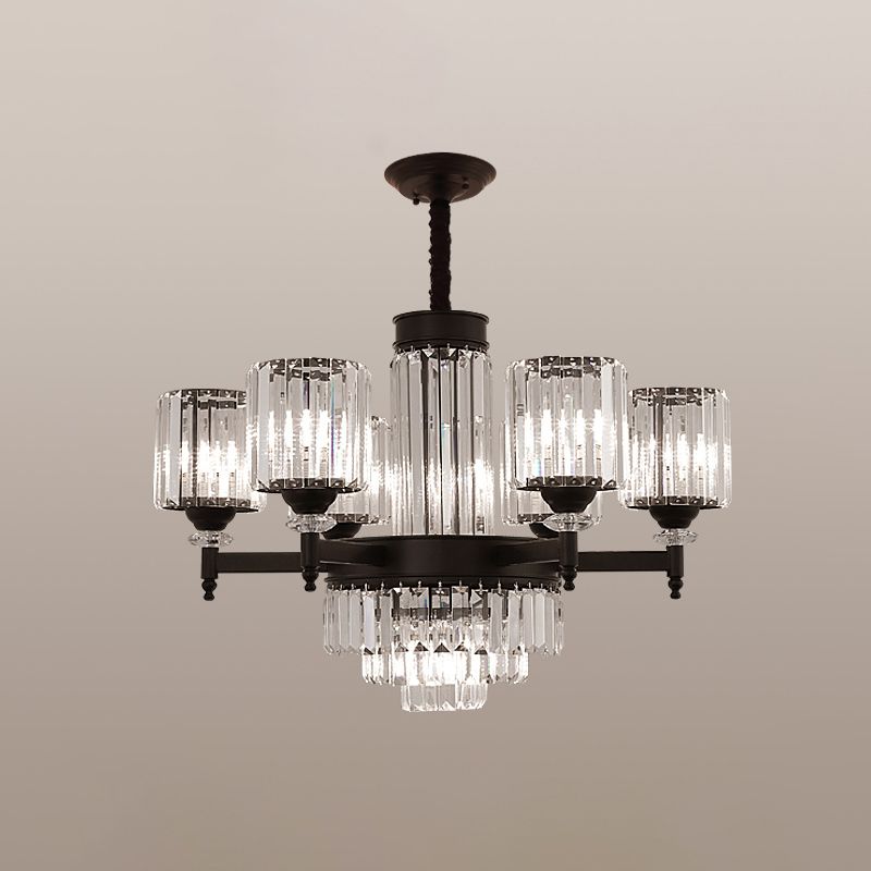 Black Chandelier Lighting Vintage Rectangular-Cut Crystal Cylinder Ceiling Light Fixture