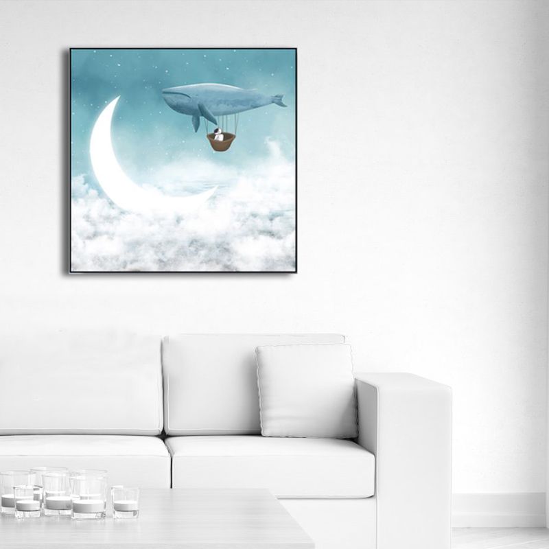 Moon Night Flying Whale Canvas Art Blue Kids Wall Decor for Sitting Room, Textured