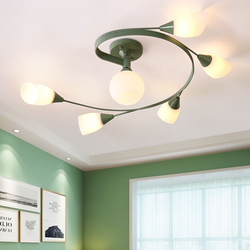 Curly Semi Flush Mount Light Nordic Fer 4/6 HEAD GREN / ROSE / JAUNE PLAFICATION AVEC BLAND D'ECVOIRE DE VERRE