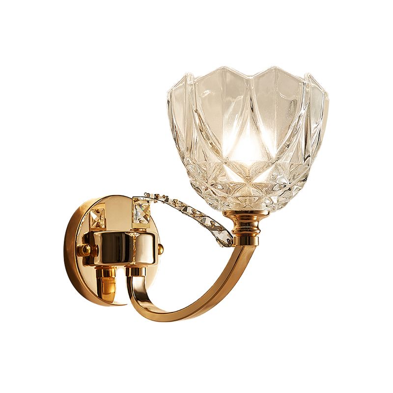 Flower Sconce Light Postmodern Clear Glass 1/2 Heads Gold Wall Mount Light with Crystal Accent