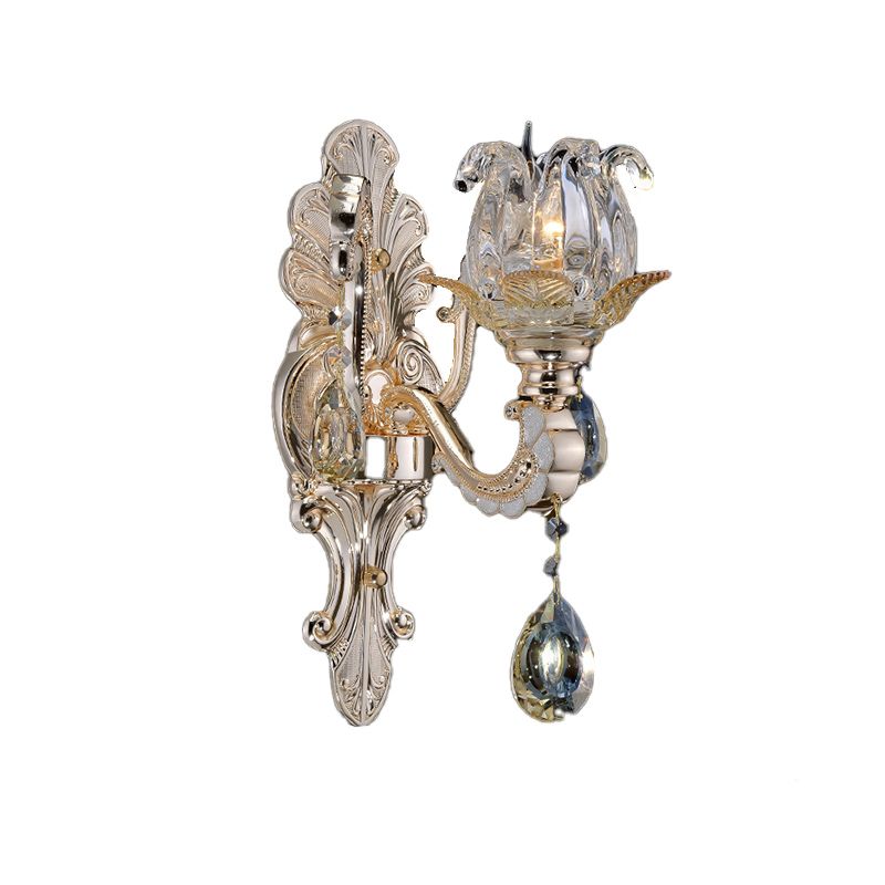 Clear Glass Floral Sconce Light Fixture Contemporary 1/2 Heads Wall Mounted Light with Crystal Drop