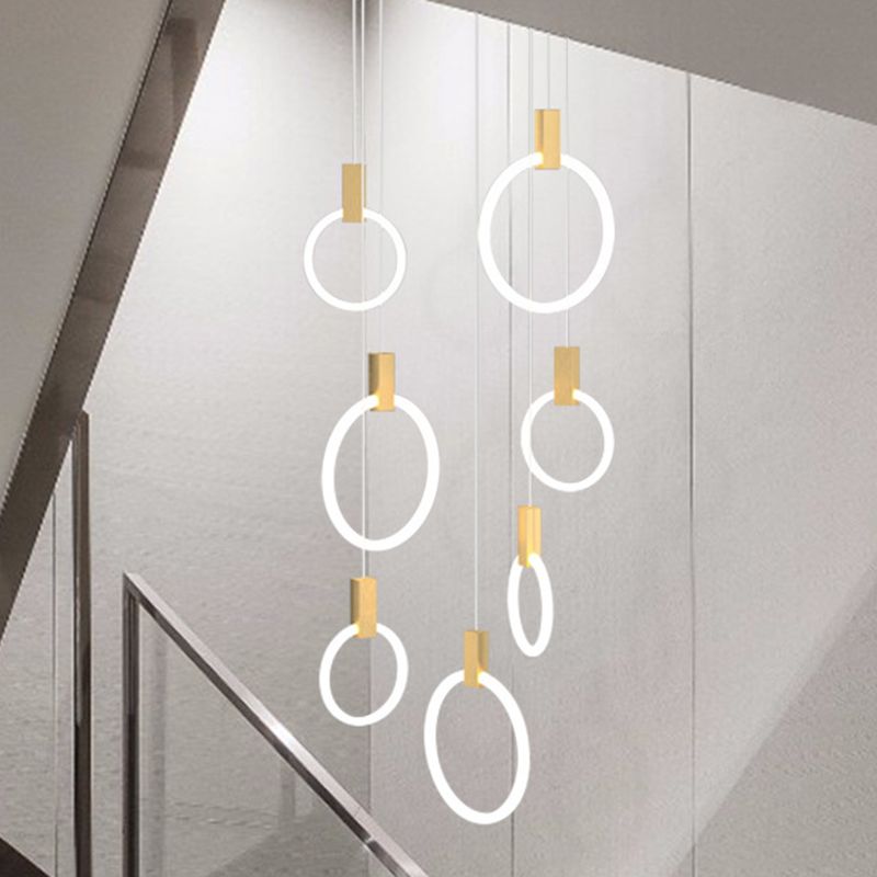 Ring Shaped Acrylic LED Multi Light Pendant Modern Style Gold Hanging Lighting for Staircase