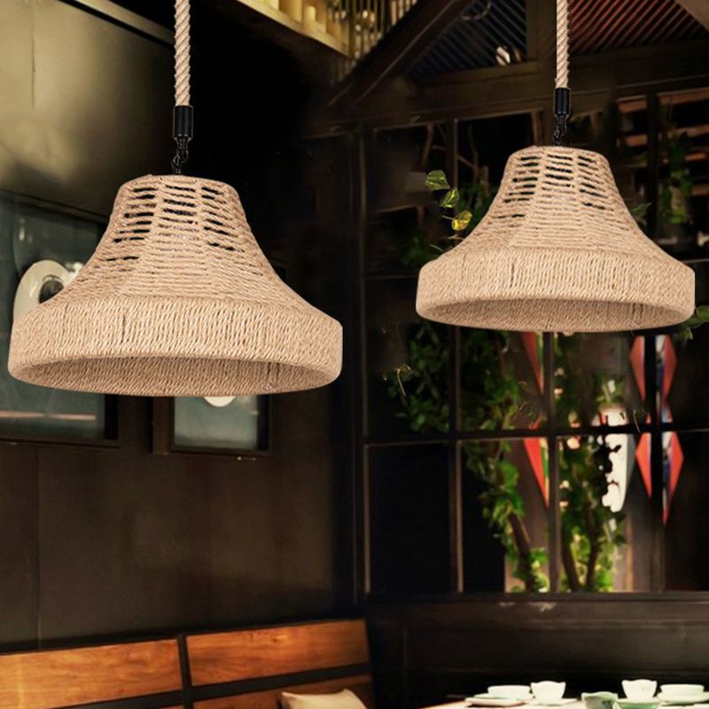 Lodge Trumpet Down Lighting Pendant 1-Light Manila Rope Hanging Lamp in Brown for Restaurant