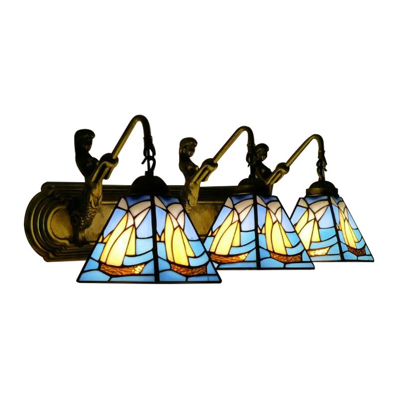 3 Heads Sailboat Sconce Light Fixture Mediterranean Blue Glass Wall Mounted Light