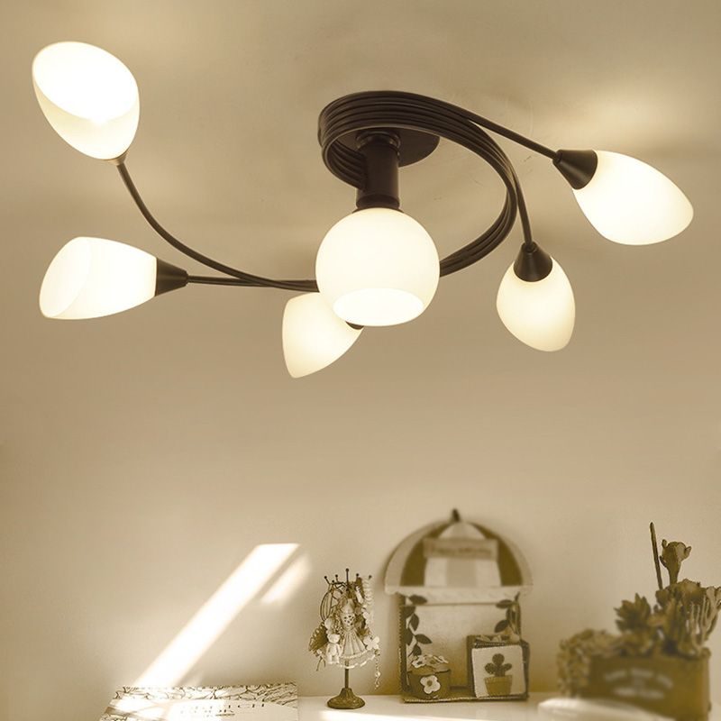 Black Multi Lights Semi Flush Mount Traditional White Glass  Ceiling Light for Living Room