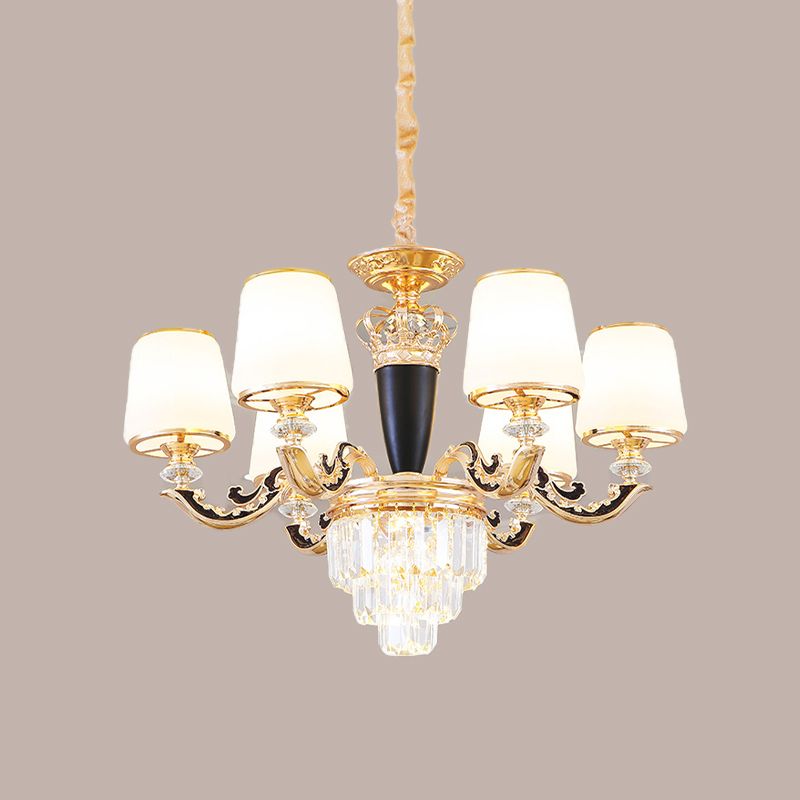 Opal Glass Cone Hanging Pendant Mid-Century 6 Heads Bedroom Chandelier in Black and Gold with Crystal Decor