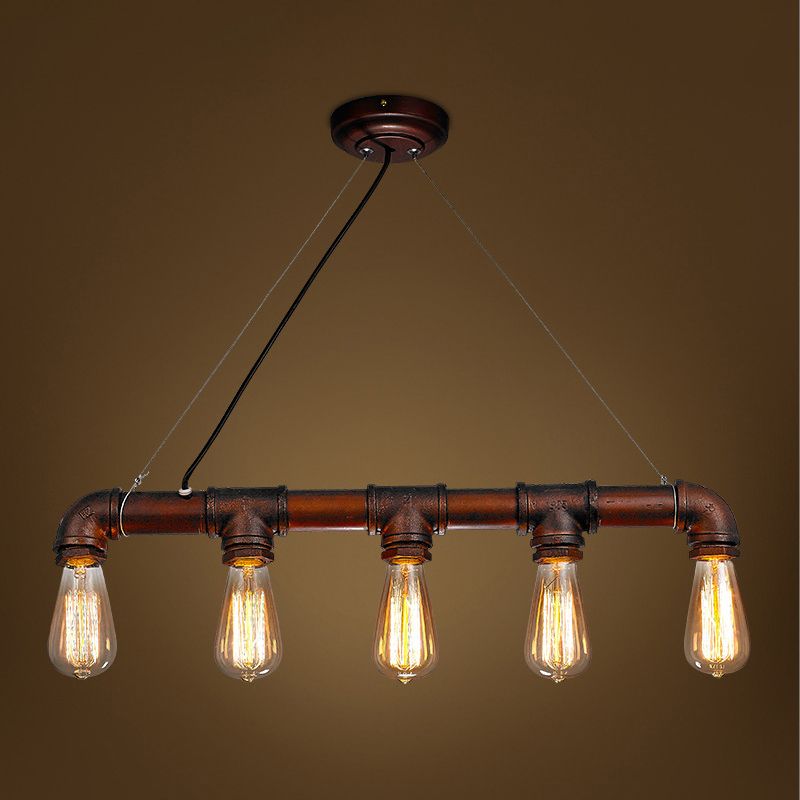 Vintage Industrial Bare Bulb Hanging Lamp Rust Iron Water Pipe 5 Light Island Pendant Light
