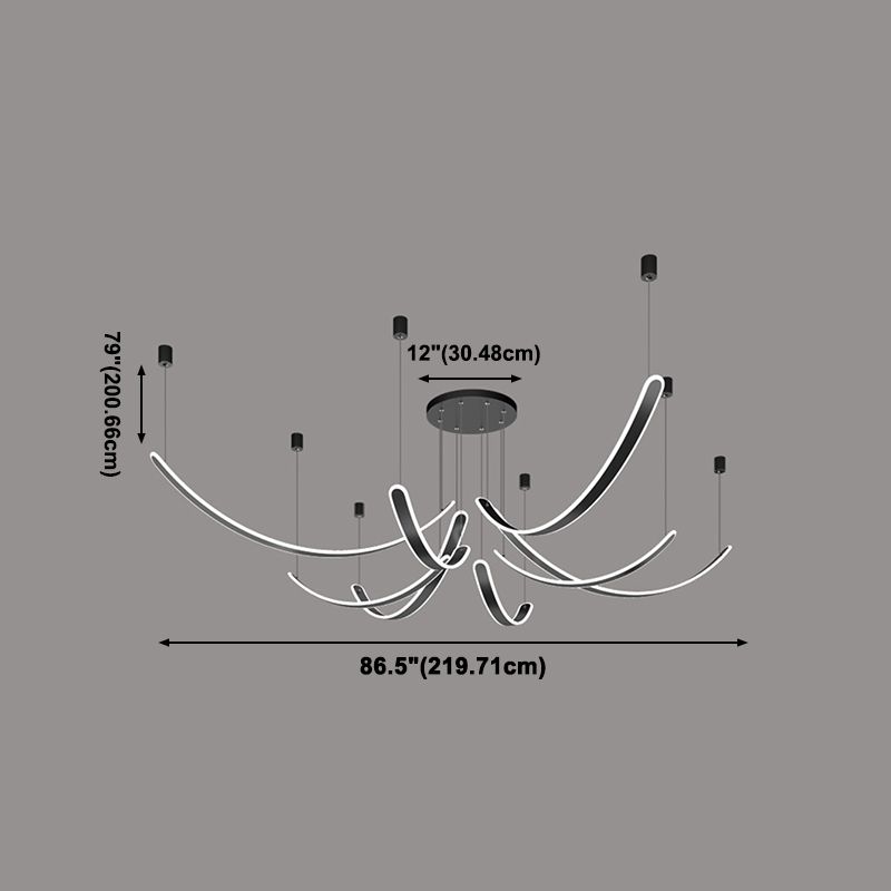 Curved LED Chandelier Minimalist Metal Living Room Villa Hanging Light in Black