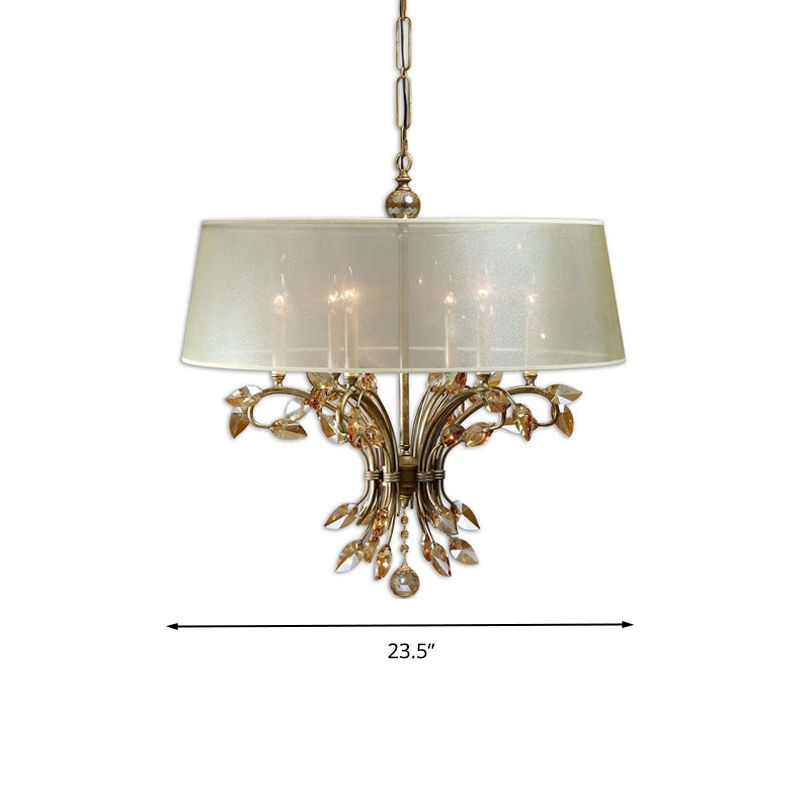 Drum Fabric Suspension Lamp Contemporary 6 Heads Living Room Chandelier Light Fixture in Brass