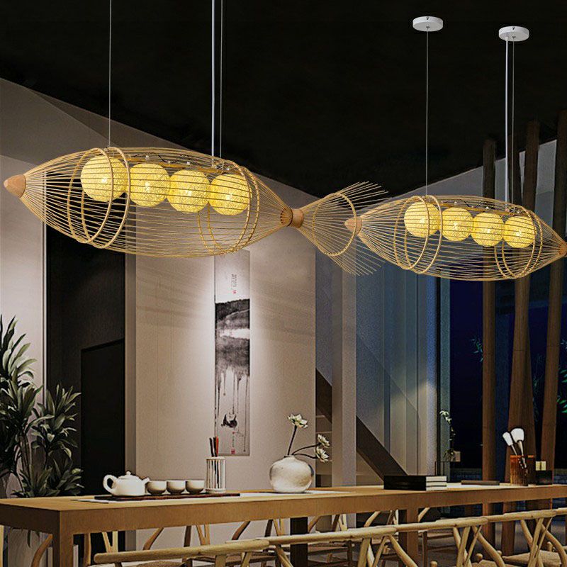 Contemporary Fish Chandelier Pendant Light Bamboo Tea Room Hanging Lighting in Wood