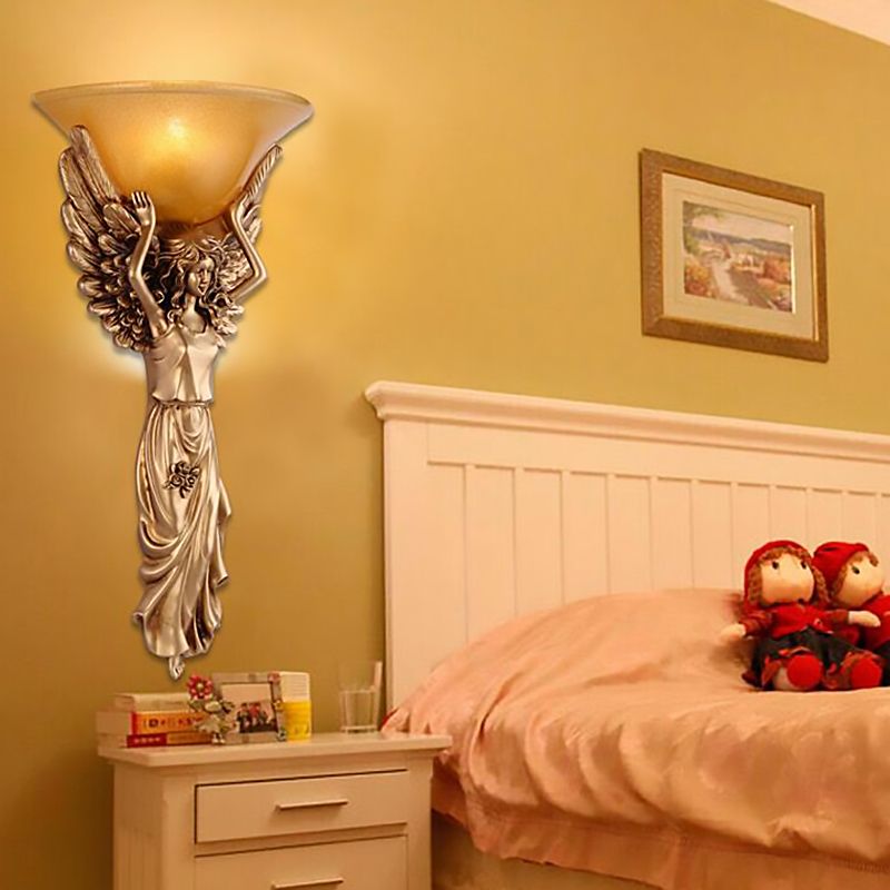 Amber Glass Bowl Wall Lamp Modern Style 1 Light Bedroom Wall Sconce Fixture with Gold/White Angel Design